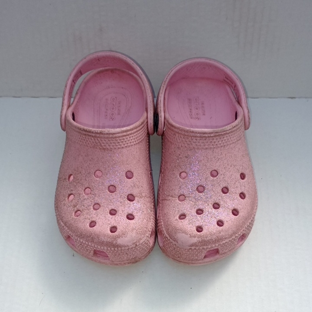 Iconic CROCS CLASSIC Glitter Pink Silver Clogs Kids Toddler Size 12 Beach Water